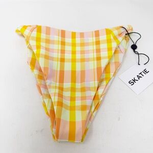 SKATIE Salty Yellow Plaid Bikini Bottom In Suva Size XS High Waisted Cheeky NEW